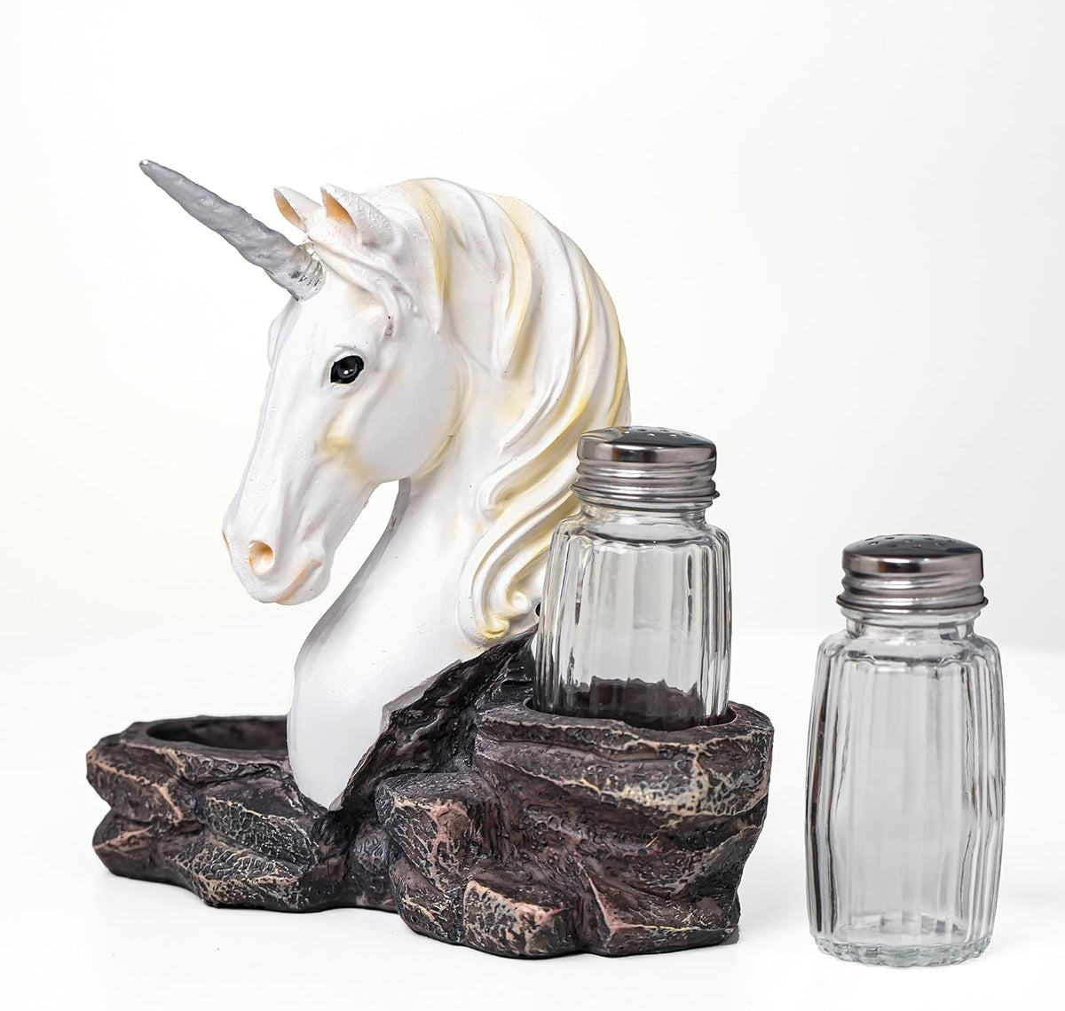 Rustic Salt And Pepper Shakers Set - Salt And Pepper Dispenser with Resin Unicorn Figurine And Statues Holder - Glass Spice Jars for Farmhouse Kitchen DéCor
