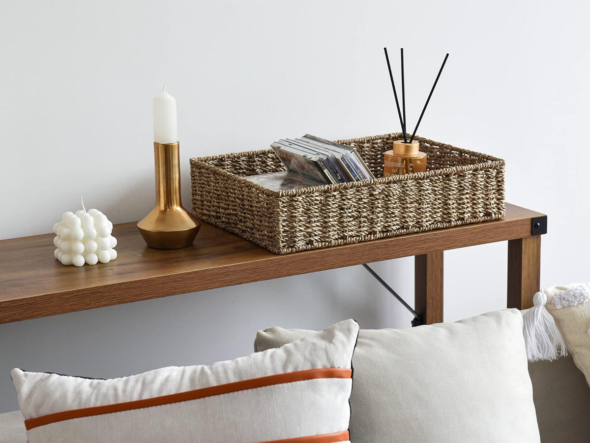 StorageWorks Large Seagrass Tray for Bathroom, Seagrass Storage Baskets for Shelves, Handwoven Natural Wicker Baskets for Organizing, 2-Pack