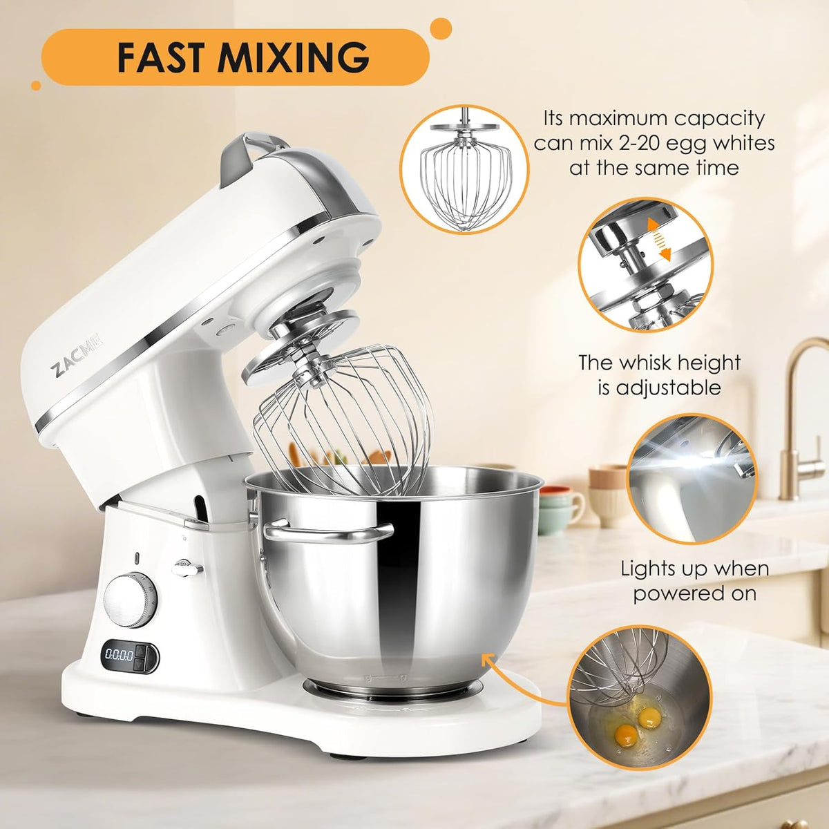 ZACME 8.4QT Commercial Stand Mixer 800W with NSF Certified and Aluminum Die Casting, Mixers Kitchen Electric Stand Mixer with Stainless Steel 8L Bowl, Dough Hook, Whisk and Beater, Porcelain
