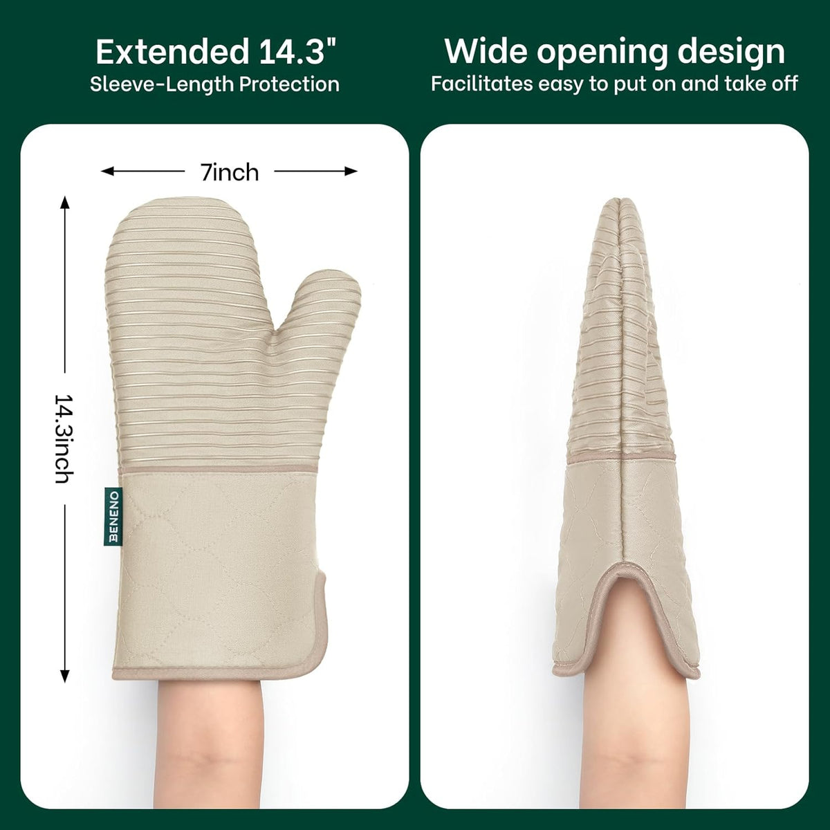 Beneno Kitchen Oven Mitts 2-Pack Heat Resistant to 500°F with Non-Slip Silicone Grip, Extra Long 14.3" Forearm Protection, Soft Quilted Cotton Terry Lining, Ideal for Cooking, Baking, Grilling, Beige