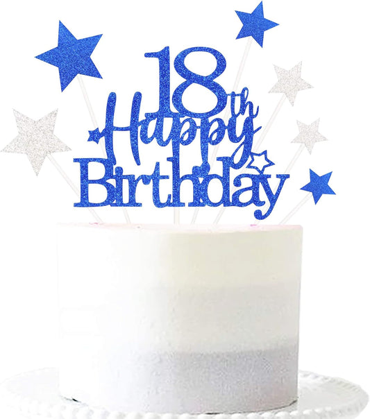 Glittery 18th Happy Birthday Cake Topper with Star,Personalised 18 Birthday Cake Toppers Party Decorations Party Supplies for Boys Girls Blue