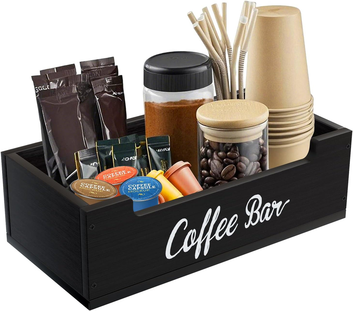 Coffee Pod Bar Station Wooden 13" X 7" X 4" Organizer Box for Countertop, Counter Top Tea Espresso Cup Wood Storage Box, Black