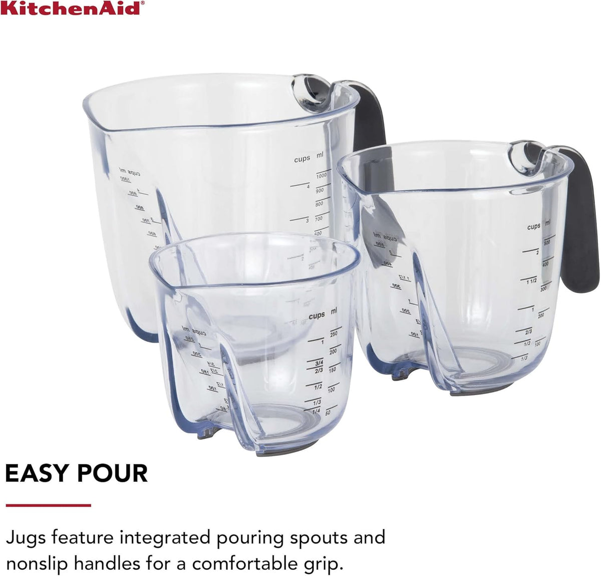 KitchenAid Universal Easy View Angled Measuring Cups, Set Of 3, Clear with Black Handles