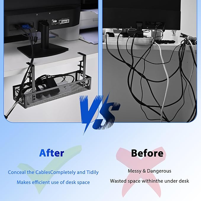 Under Desk Cable Management Tray with No Drill Installation, Power Strip Holder & Wire Organizer Storage Rack for Desk, Office, Home (L-Black)