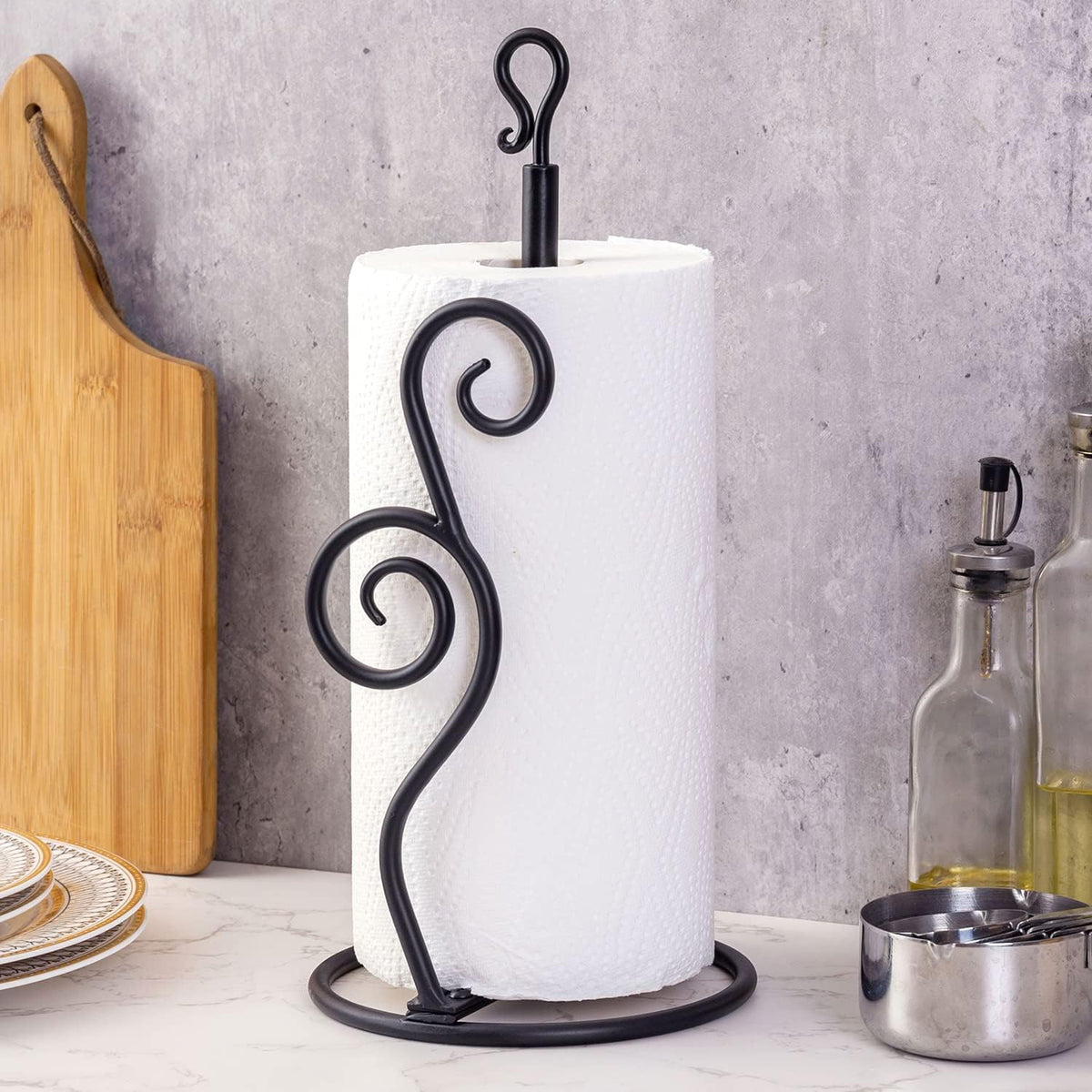 MyGift Rustic Burnt Solid Wood and Industrial Matte Black Metal Dining Combination Caddy with Paper Towel Roll Dispenser Stand, Napkin Holder, and Spice Rack (Matte Black Metal)