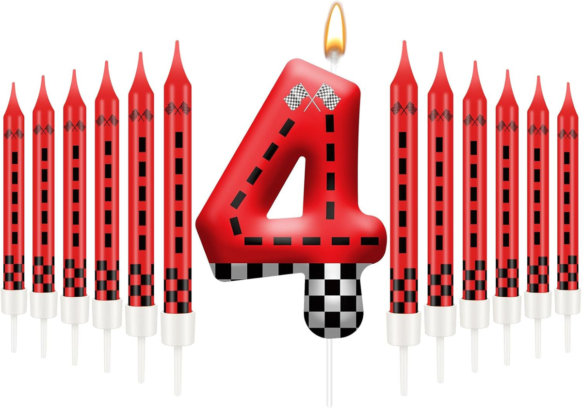 13PCS Racing Car Theme Birthday Candle Set with Checkered Flag Design - Durable Cake Topper for Race Car Party Decorations, Kids Birthday Supplies - Number 4 Candle for Racing-Themed Celebrations