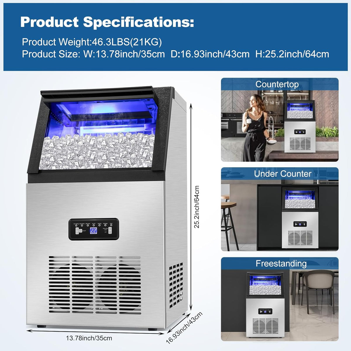 Commercial Ice Maker Machine 100Lbs/24H with 2 Water Inlet Modes, 36Pcs Ice Cubes in 8-15 Mins, Stainless Steel Under Counter/Freestanding Ice Machine with 24Lbs Storage Bin for Home/Shop/Office/Bar