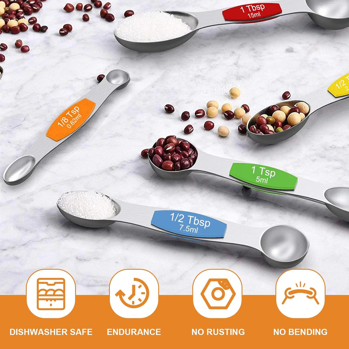 Magnetic Measuring Spoons Set - Wildone Stainless Steel Double Sided Measuring Spoons Set of 7, for Dry and Liquid Ingredients, including 6 Heavy Duty Nesting Spoons, 1 Leveler, Fits in Spice Jar