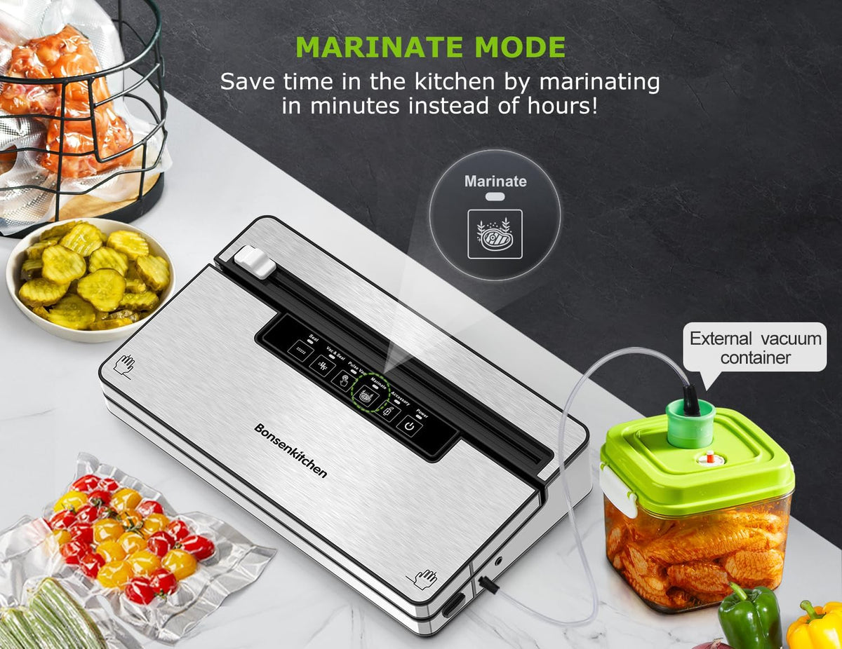 Bonsenkitchen Vacuum Sealer Machine, Stainless Steel Food Sealer Vacuum Sealers with 30 Bags & 1 Roll, 5 Food Vacuum Modes, Built-in Cutter & Bag Storage (Silver Black)