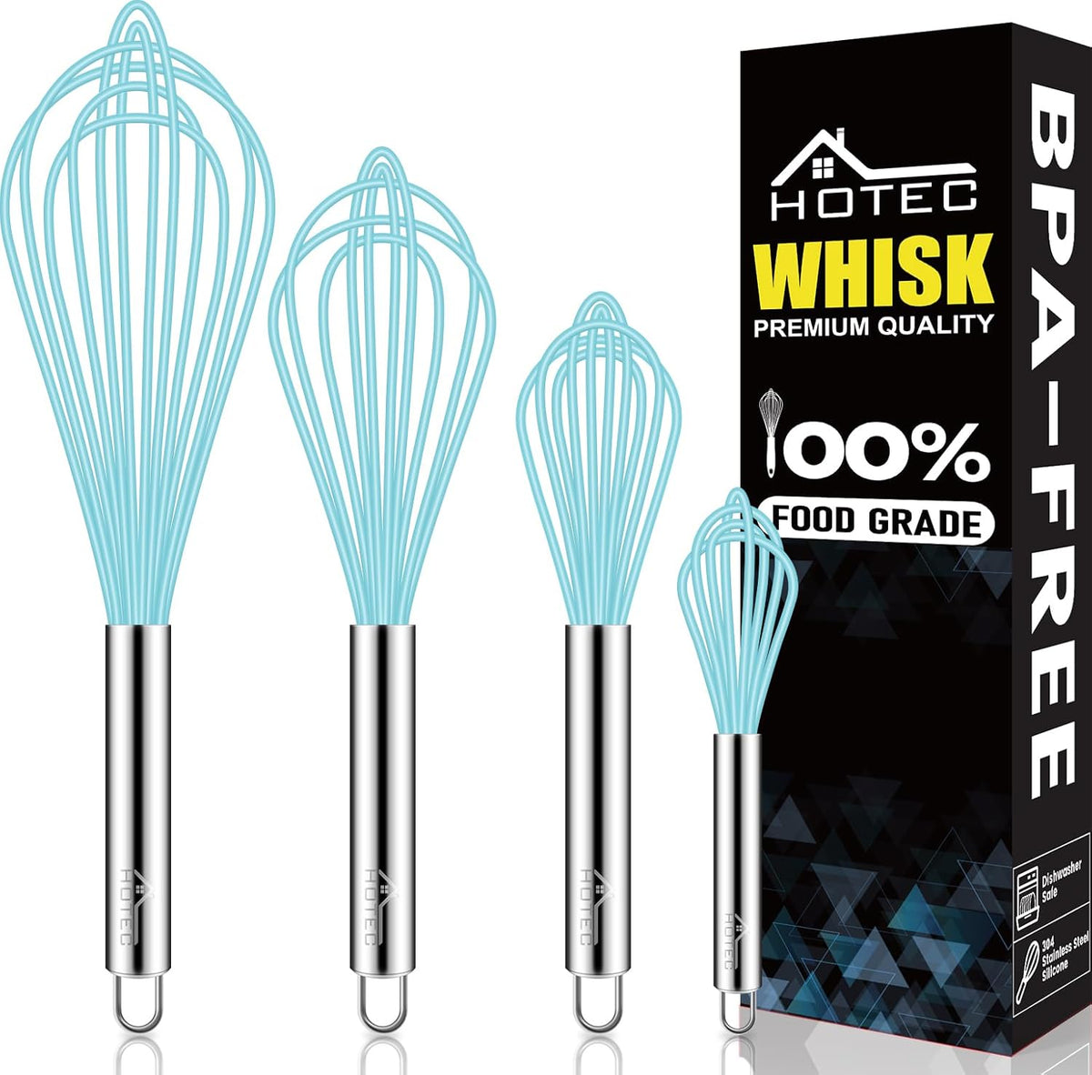 HOTEC 4 Pieces Silicone Whisks Set, Wire Balloon Whisks Egg Beater, Non-slip Handle Whisk for Non-stick Cookware Perfect for Cooking, Stirring, Beating and Blending (Blue)