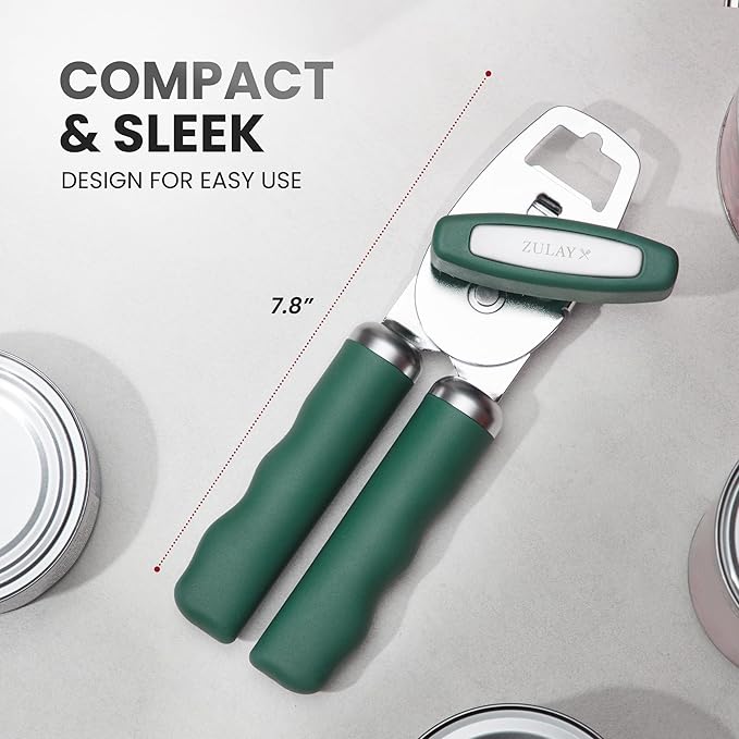 Zulay Kitchen Heavy Duty Stainless Steel Can Opener Manual with Bottle Opener - Rust Proof Manual Can Opener With Turn Knob & Comfy Soft Grip Handles - Pine Green