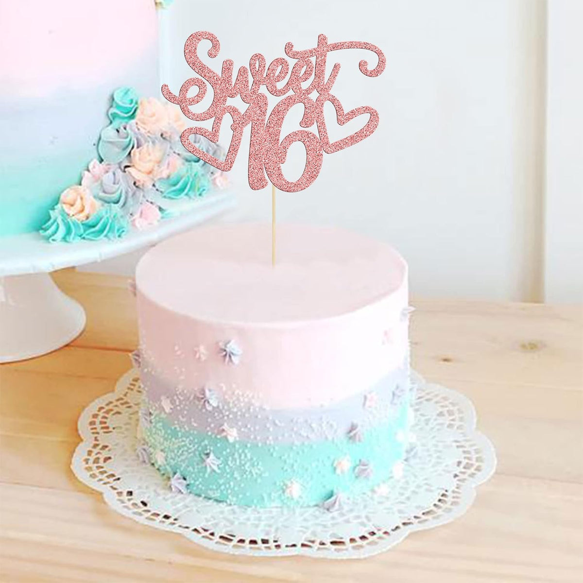 Gyufise 1Pc Sweet Teenager 16 Cake Topper Glitter 16th Birthday Cake Pick for Cheers to 16 Years Old 16th Birthday Party Cake Decorations Supplies Rose Gold