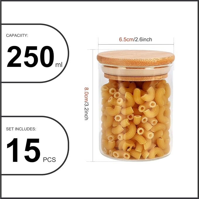 DHSBTLS 6 oz Glass Jars with Bamboo Lids, Borosilicate Glass Airtight Canisters sets, Food Storage Container, Pantry Organization and Storage Jars, Kitchen Spice Jars of 15