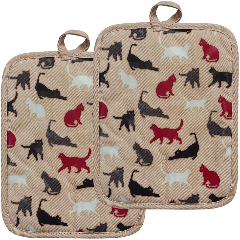Pot Holders Set of 2 Heat Resistant 480 ℉ Kitchen Non Slip Clear Silicone Printed Comfortable Cotton Lining Women Men Cooking Barbecue Microwave Machine Washable (Cat, Khaki Potholders)
