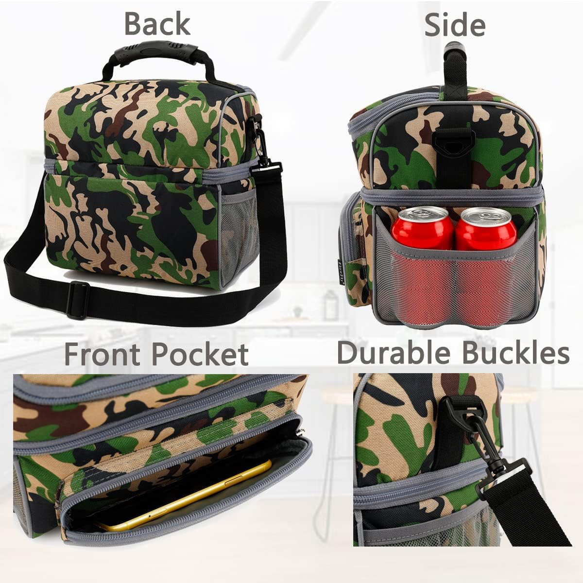 FlowFly Double Layer Cooler Insulated Lunch Bag Adult Lunch Box Large Tote Bag for Men, Women, With Adjustable Strap,Front Pocket and Dual Large Mesh Side Pockets