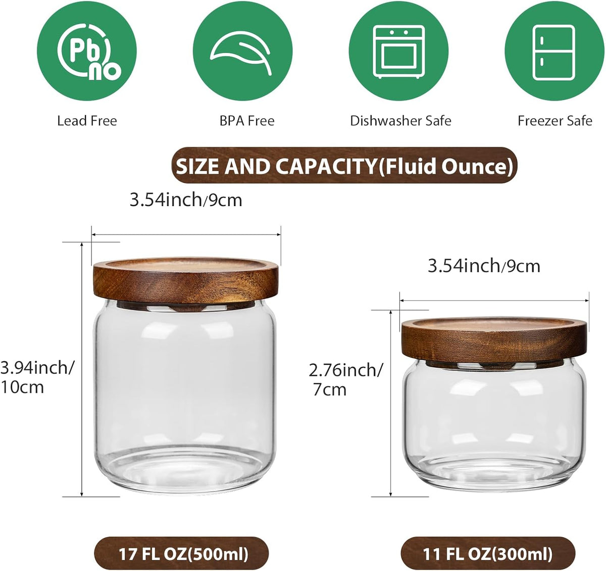 2PCS Small Glass Storage Jars with Airtight Lids, 17 fl oz (500ml) coffee container with Wooden Lid, Glass Pantry Canister for Beans, Rice, Sugar and etc
