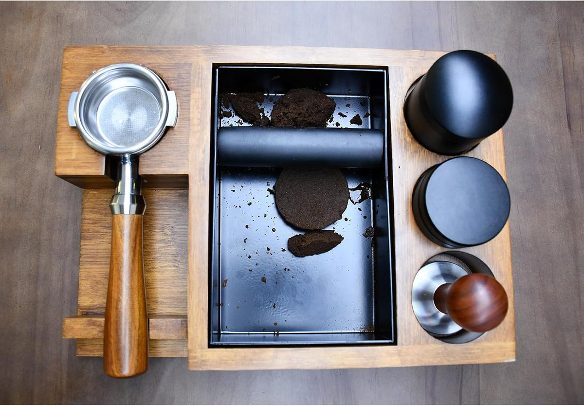 13.4'' Large Espresso Knock Box and Tamping Station, Solid Wood Espresso Accessories Organizer Box for 51MM-58MM Tamper, Distributor, Portafilter, High-Capacity Espresso Coffee Organizer