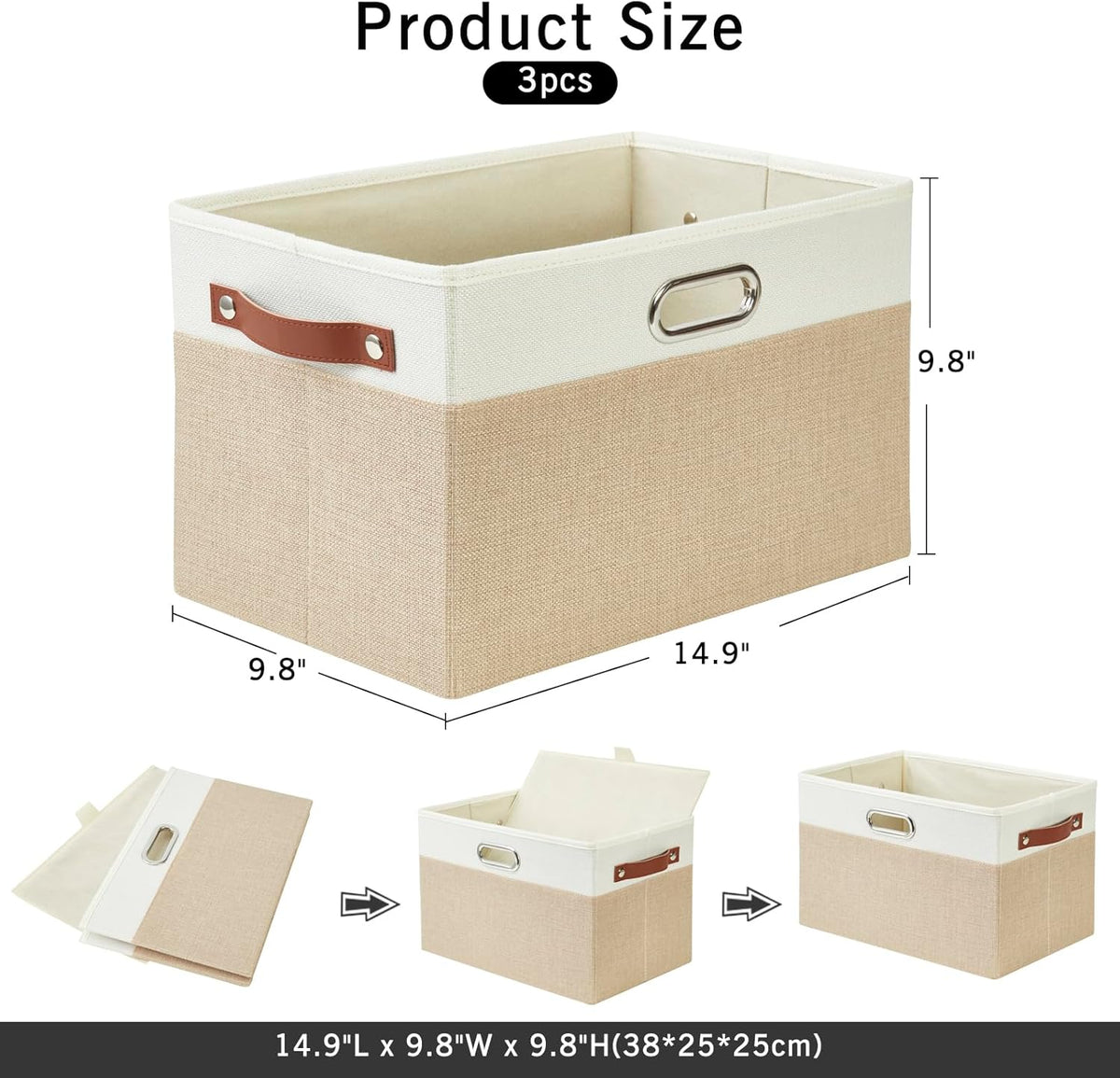 Large Collapsible Fabric Storage Bins with 3 Handles, Foldable Organizer Baskets for Closet, Shelves, Living Room | 3 Pack, Durable PU & Metal Handles (14.9"x9.8"x9.8", Beige & White)