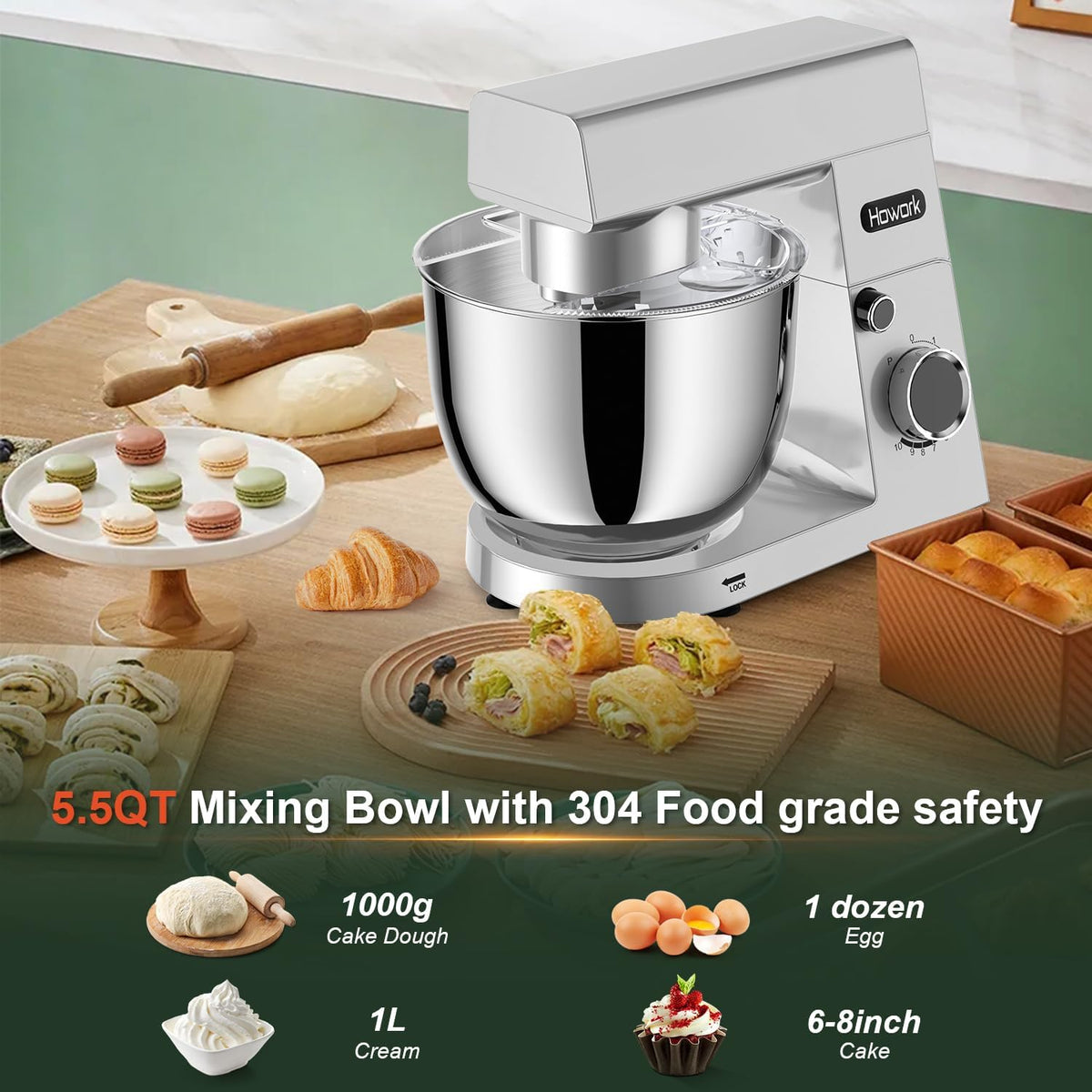 HOWORK Stand Mixer,10+p Speeds With 5.5QT Stainless Steel Bowl,Dough Hook, Wire Whip & Beater,for Most Home Cooks,Silver