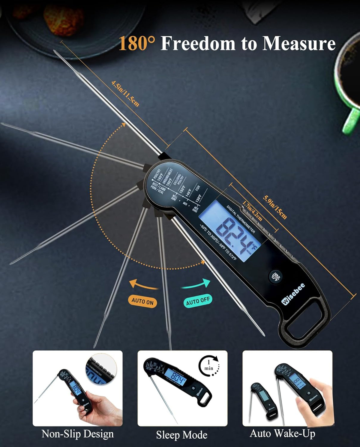 Wisebee Meat Thermometer Digital, 0.5 Sec Instant Read Waterproof Food Thermometer with 180°Auto-Rotate Backlit Display | Anti-Slip Handle | Magnetic Back | Hold Function for Cooking, Black