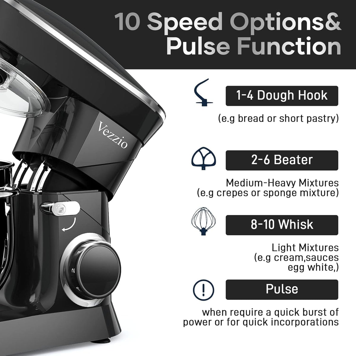 9.5 Qt Stand Mixer, 10-Speed Tilt-Head Food Mixer, Vezzio 660W Kitchen Electric Mixer with Stainless Steel Bowl, Dishwasher-Safe Attachments for Most Home Cooks(Black)