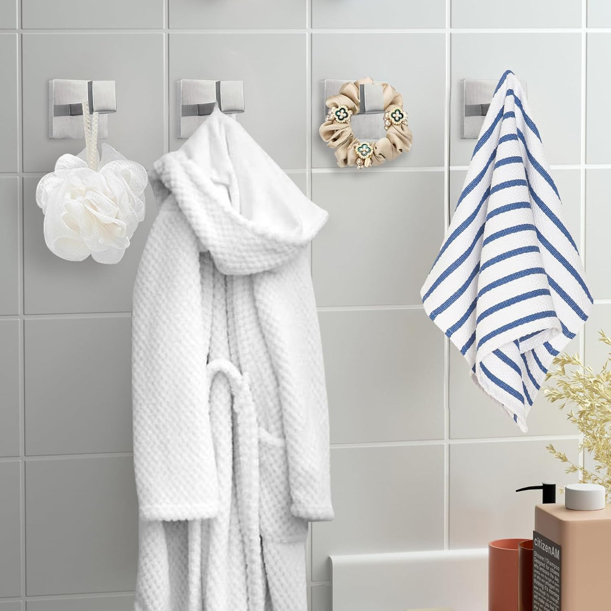 IBosins 4 Pack Towel Hooks Hand Towel Holder for Bathroom Wall Livingroom Bedroom Kitchen Closet Heavy Duty Stainless Steel Hook Hanger for Robe, Bath Towel, Coat (Square Brushed Silver)