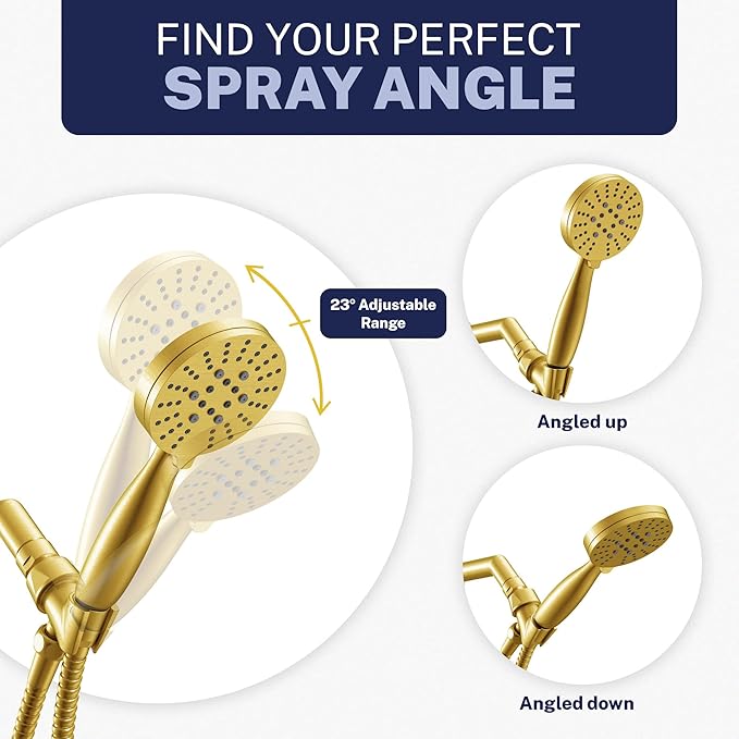 HammerHead Showers® Solid Metal 3-Spray Handheld Shower Head with Long Hose and Holder - BRUSHED GOLD - 2.5 GPM High Pressure Shower Head with Handheld Sprayer - WIDE, MASSAGE, and MIST Sprays