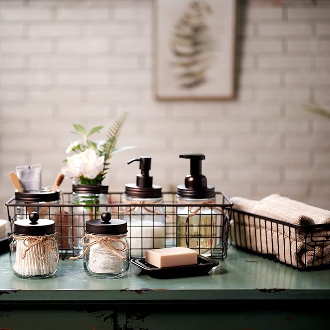 SheeChung 6Pcs Mason Jars Bathroom Accessories Set Complete - Toothbrush Holder, Lotion Soap Dispenser, 2 Mason Jars, Soap Dish, Toilet Paper Basket, Rustic Farmhouse Decor (Brown, 6Pcs Bathroom Set)