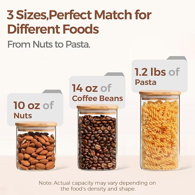 ComSaf Airtight Glass Storage Canister with Lids (0.7Qt/1.2Qt/1.6Qt) Set of 6, Food Storage Container Kitchen Pantry Storage Jar, Glass Jars for Flour Cereal Sugar Tea Coffee Beans Snacks, Square