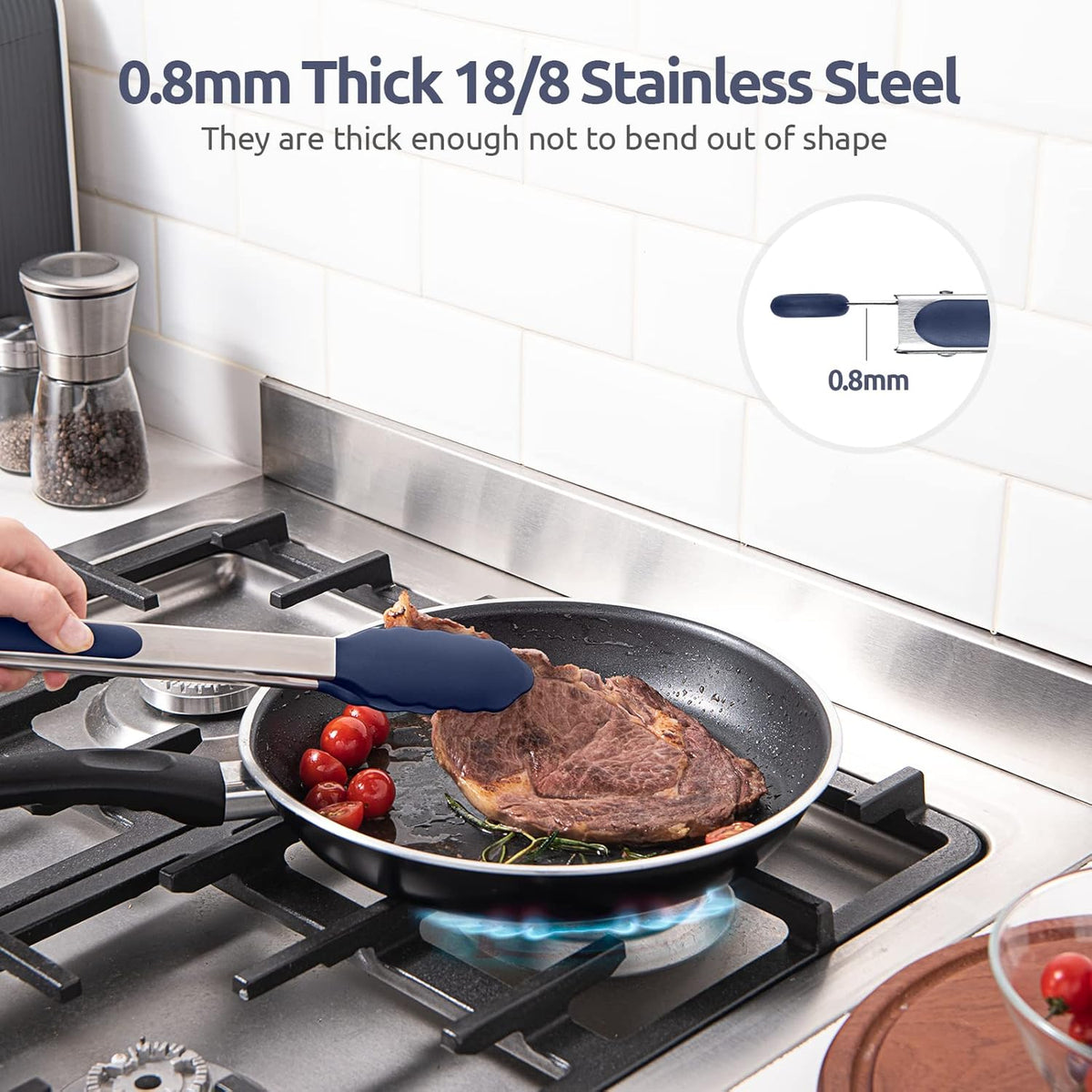 Heat Resistant Silicone Kitchen Tong: U-Taste 12 inch Large 480ºF Hot Proof Cooking Tong with Sturdy Non Stick Rubber Tips & Silicon Coated Steel Handle & Smooth Locking for Serving (Midnight Blue)