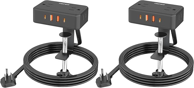Desk Clamp Power Strip, 2 Pack Desktop Mount Charging Station with 4 Outlets 4 USB Ports (2 USB C), 10Ft Under Desk Power Strip, Fits 2.75" Tabletop Edge, Extension Cord for Home Office, Black