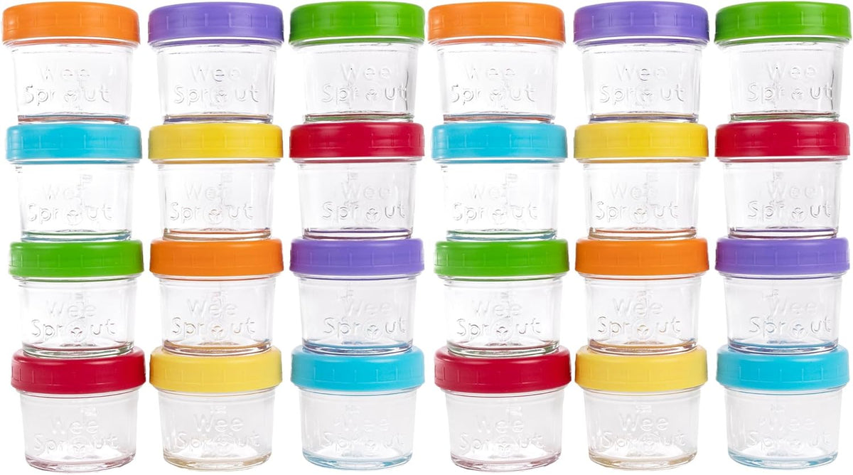 WeeSprout Baby Food Storage Glass Jars w/Lids (4 oz, 24 Pack) Bright Variety, Snack, Reusable Small Containers, Fridge or Freezer, Microwave & Dishwasher Safe, Essentials for Infants