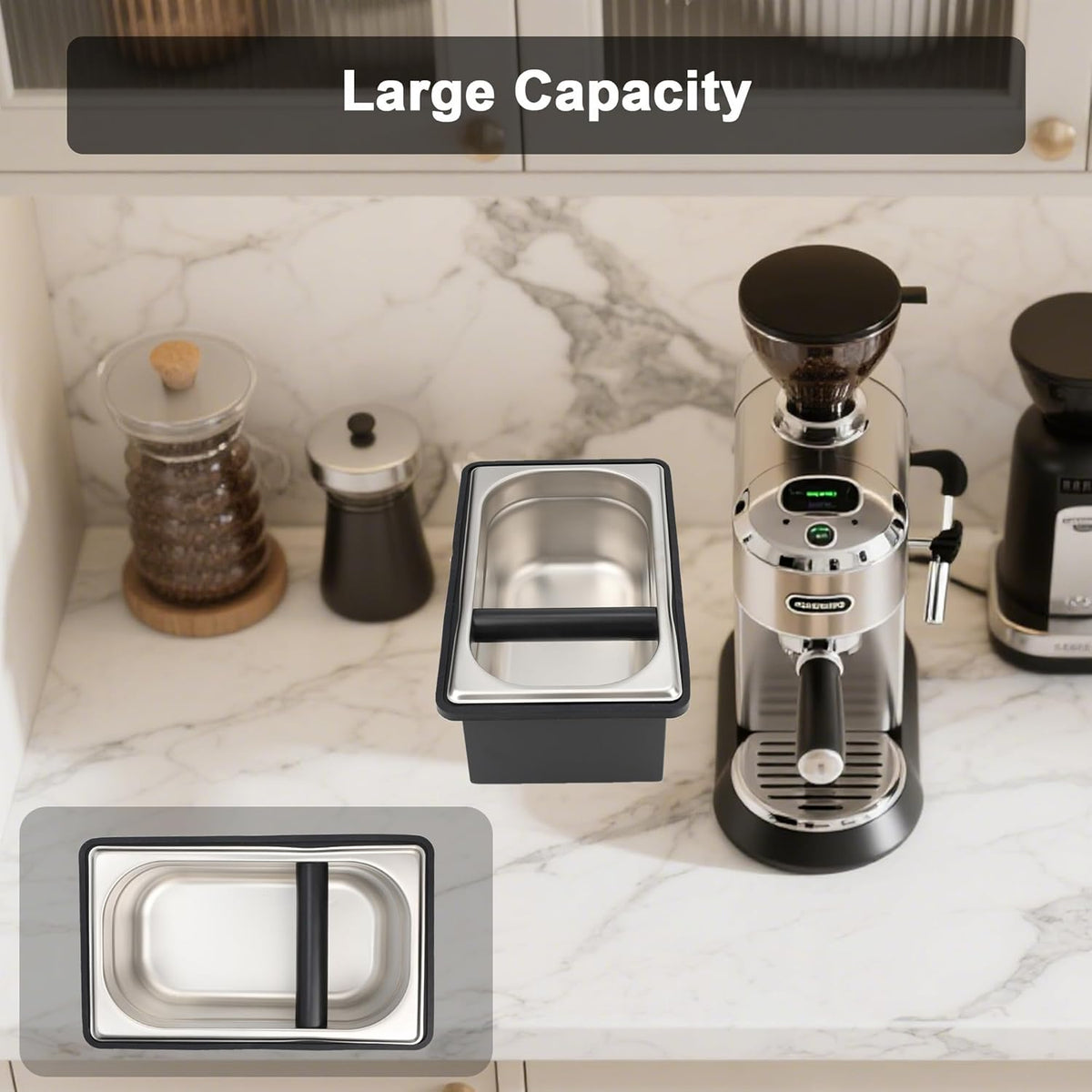 Espresso Knock Box, Coffee Knock Box for Espresso Grounds Disposal, Large Capacity, Equipped with Noise Reduction Rubber Ring & Steel Holder, Ideal Tool for Espresso Machines, Black (Large)