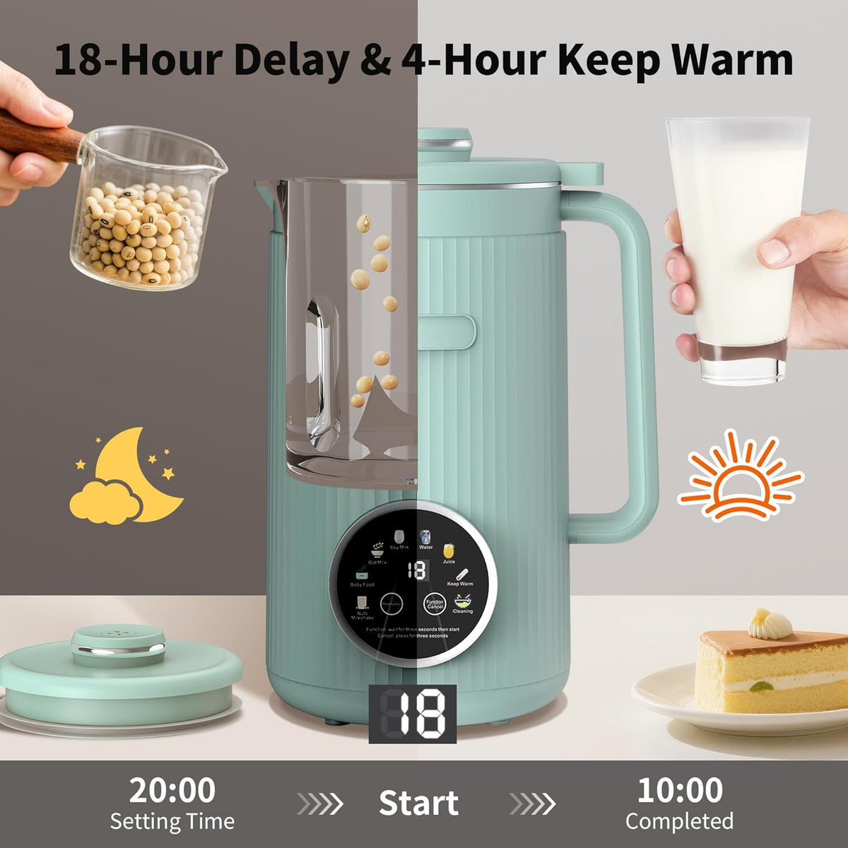 35oz Soy Milk Maker Machine: 8-in-1 Nut Milk Maker for Oat Milk, Vegan Drinks, Baby Food Blender - Plant-Based Milk Machine with Stainless Steel, LED Touch, Auto Shutoff (Green)