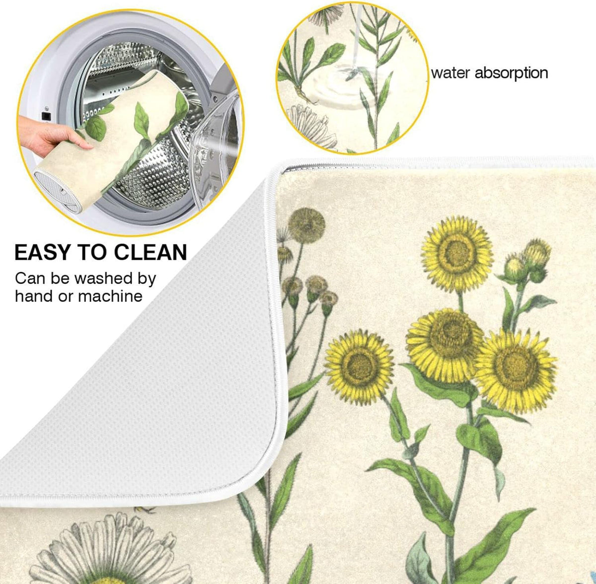 Herbs Flowers Botanical Plant Dish Drying Mat for Kitchen Counter Absorbent Microfiber Drying Pad, Large 18x24 in, Reversible Drainer Mats