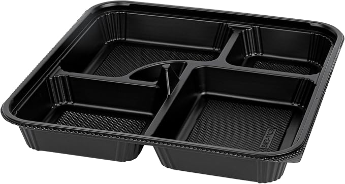 Restaurantware-Bento Tek 39.6 Ounce Meal Prep Containers, 100 Disposable To Go Food Boxes - Lids Sold Separately, 5 Compartments, Black Plastic Bento Lunch Boxes, Microwavable, Freezable
