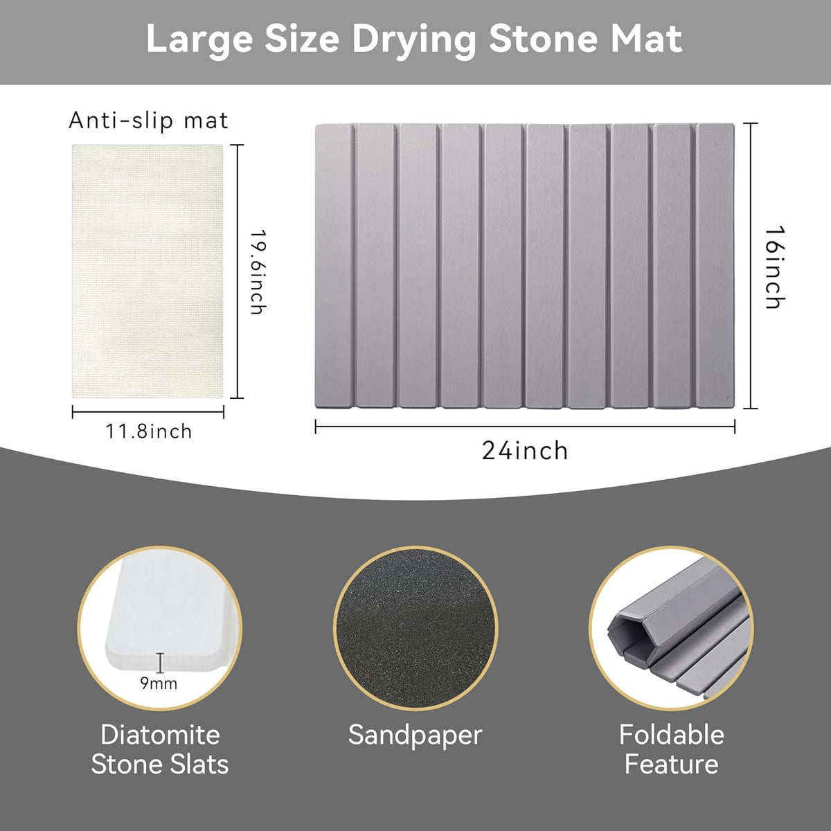 Large Fast Dry Stone Mat, 24" x 16" Drying Board Diatomaceous for Kitchen Counter, Dish Drying Mat, Bathroom Absorbent Pad, Drying Stone Mat for Kitchen, Utensils, Vegetable, Fruits, Gray