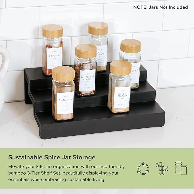 Expandable Spice Rack Organizer for Cabinet, 3-Tier Shelf for Spice Organization (11” to 22”), Fits 36 Spice Jars, Seasoning and Pantry Storage, Non-Slip Feet, 100% Bamboo, Black Finish