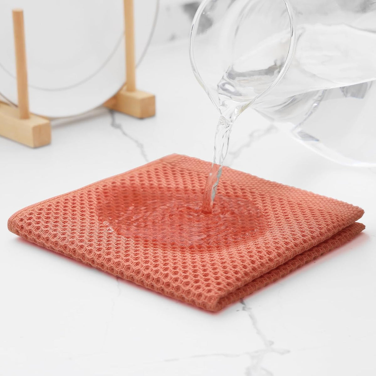 Kitinjoy 100% Cotton Kitchen Dish Cloths, 8 Pack Waffle Weave Ultra Soft Absorbent Dish Towels for Drying Dishes Quick Drying Kitchen Towels Dish Rags, 12 X 12 Inches, Coral