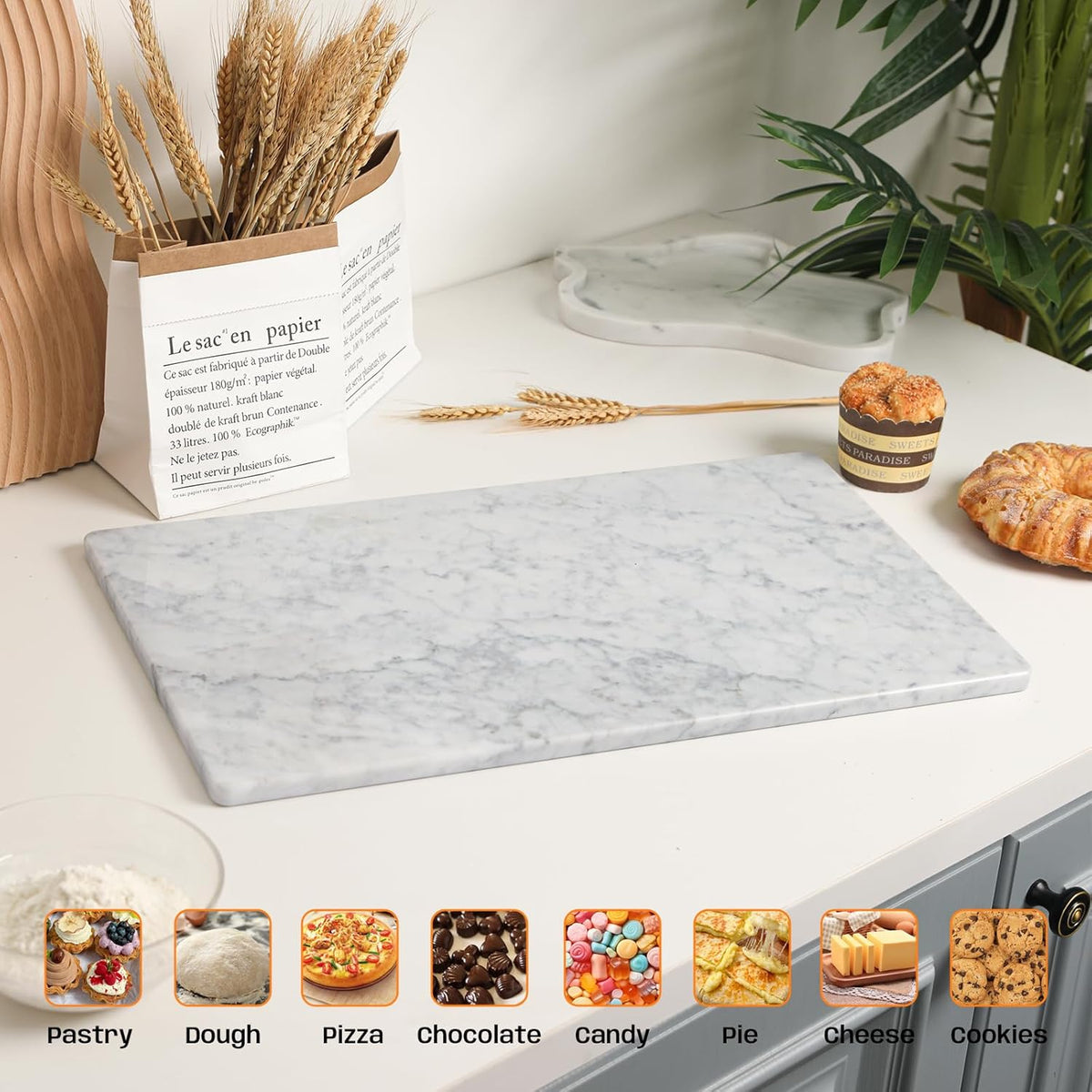 Natural Carrara White Marble Pastry and Cutting Board, 12x20x0.6 Inch, Heavy for Dough Chocolate, Pack of 1