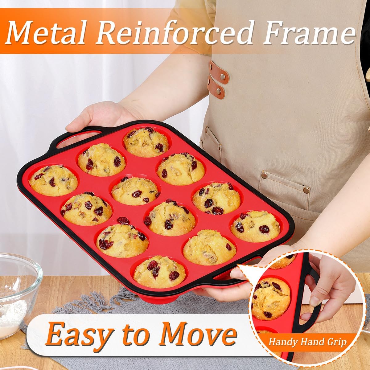 CAKETIME Silicone Muffin Pan with Metal Reinforced Frame Regular Size Muffin Pan with Handle Easy to Move 12 Cups for Baking Nonstick Muffin Tin BPA Free 1 Pack
