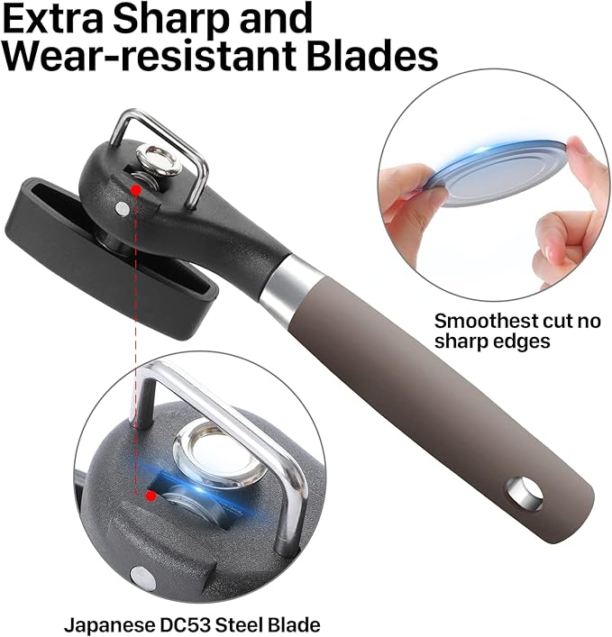 Beneno Can Opener, Manual Side Safe Cut Can Opener Smooth Edge with Durable Sharp Blade, Effort-Saving Knob & Comfortable Non-slip Handle, Brown