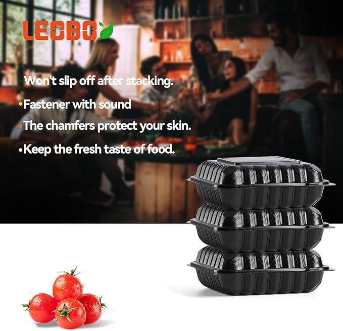 Food Containers Mineral Filled PP Plastic - 55 Pack 34oz 8 Inch | Shrink Wrap BPA Free Lunch Boxes | Freezer & Microwave Safe for Meal Prep | Black 3 Compartment Disposable Takeout Container