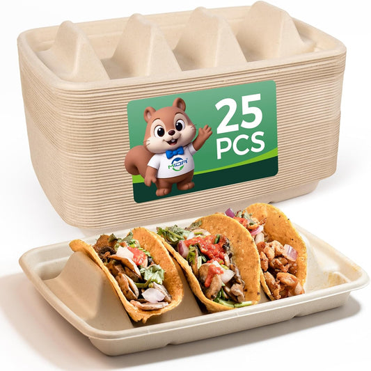 25-Pack 100% Compostable Biodegradable Paper Taco Holders, Eco-Friendly Disposable Paper Taco Tray for Taco Tuesday, Lazy Susan Taco Bar (25-Pack with lids)