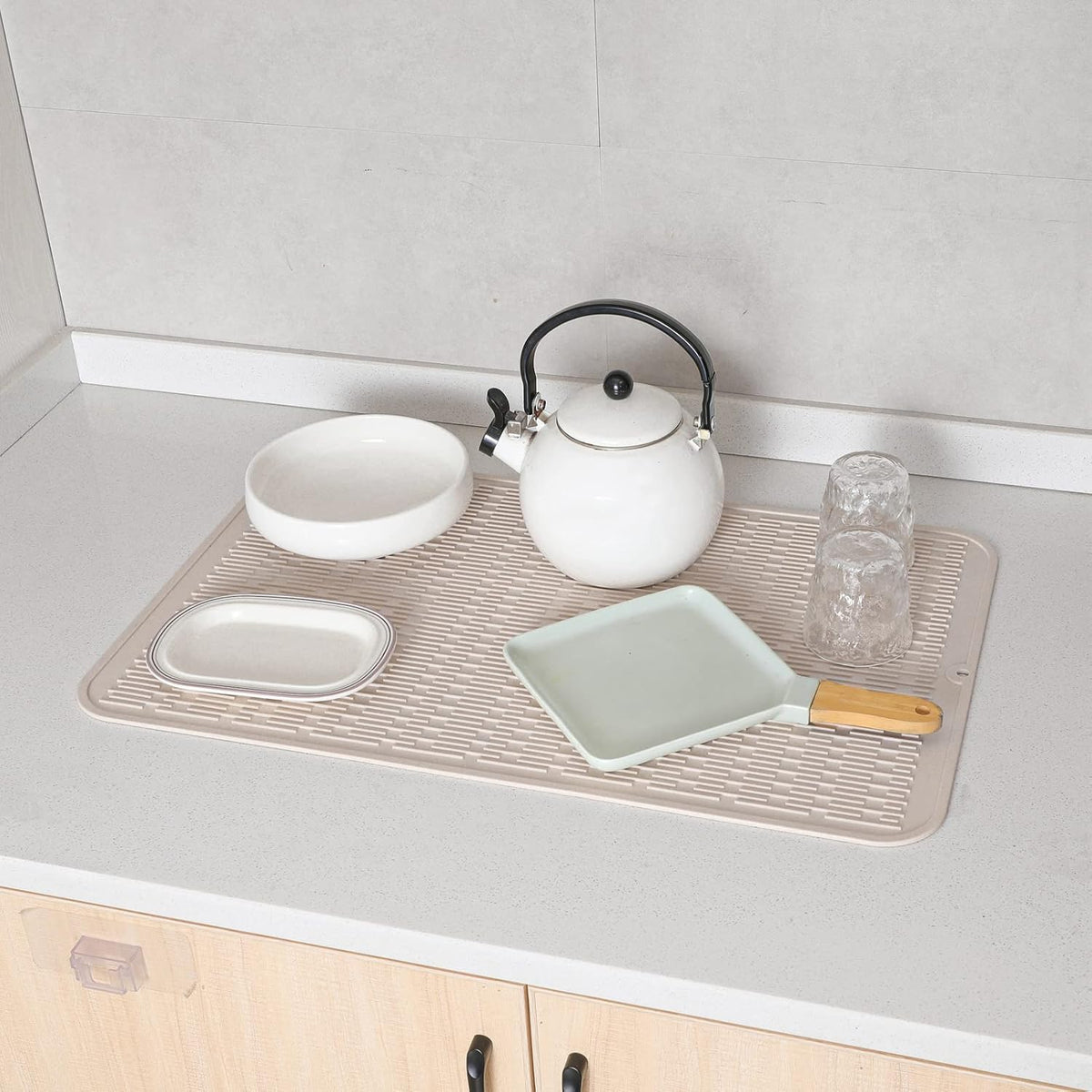 Silicone Dish Drying Mat for Multiple Usage,Easy clean,Eco-friendly,Heat-resistant Silicone Mat for Kitchen Counter or Sink,Refrigerator or Drawer Liner Tapioca 3XL 28 inches x 18 inches