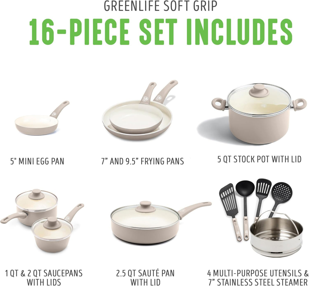 GreenLife 16 Piece Nonstick Cookware Set, Soft Grip Non-Toxic PFAS-Free Ceramic Pots & Pans, Dishwasher & Oven Safe, Frying, Sauce, Saute, Utensils, Glass Lids, Stay-Cool Handles, Wobble Free, Taupe