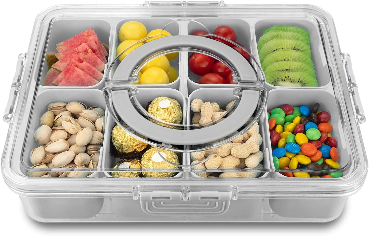 Divided Serving Tray with Lid and Handle,8 Compartments Snacks Box,Snack Fruit and Veggie Tray,Portable Platter for Candy Fruits Nuts Snack Party Entertaining Picnic (1 PCS Grey)