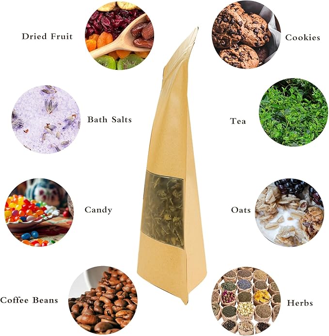 100 PCS Resealable Bags, Stand Up Kraft Paper Bags with Matte Window, Zipper Lock Food Storage Bags for Small Business and Home, 6.29 * 8.66 Inches Reusable Sealable Bags for Packaging