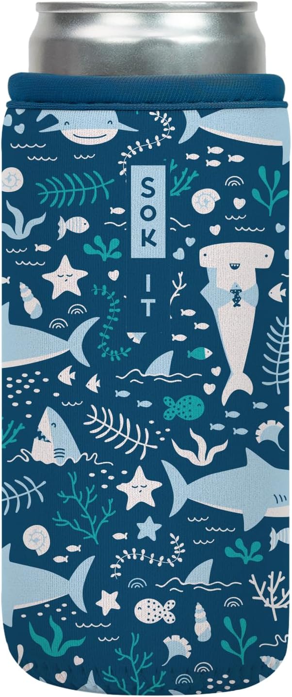 Sok It CanSok Sleeve for Beer & Soda Insulated Neoprene Cover (Happy Sharks, 12oz Slim Can Sleeve)
