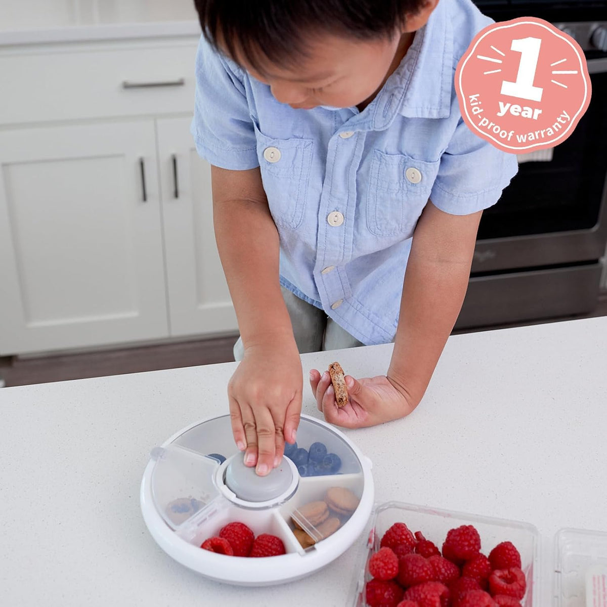 GoBe Kids Small Snack Spinner Flip Bundle with Hand Strap and Sticker Sheet - Reusable Snack Container with 5 Compartment Dispenser and Lid | BPA/PVC Free | Dishwasher Safe | No Spill - Taro Purple